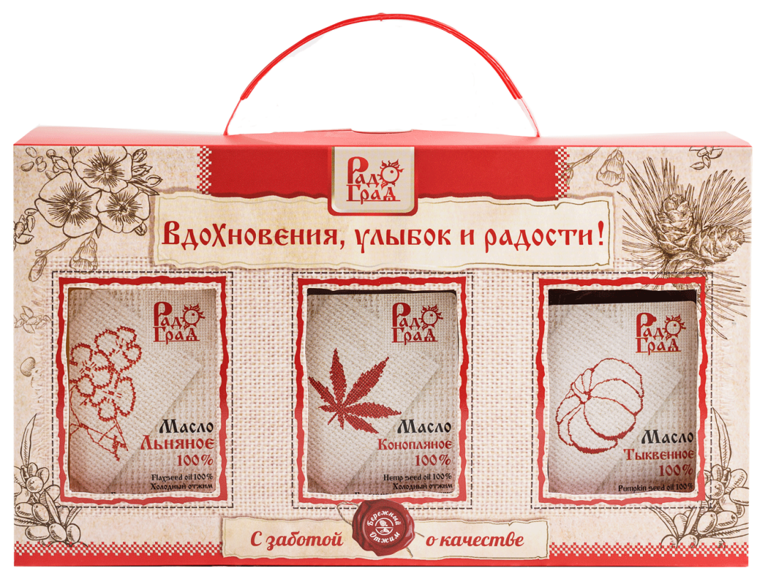 Купить онлайн Подарочный набор масел №5: льняное, конопляное, тыквенное в интернет-магазине Беришка с доставкой по Хабаровску и по России недорого.
