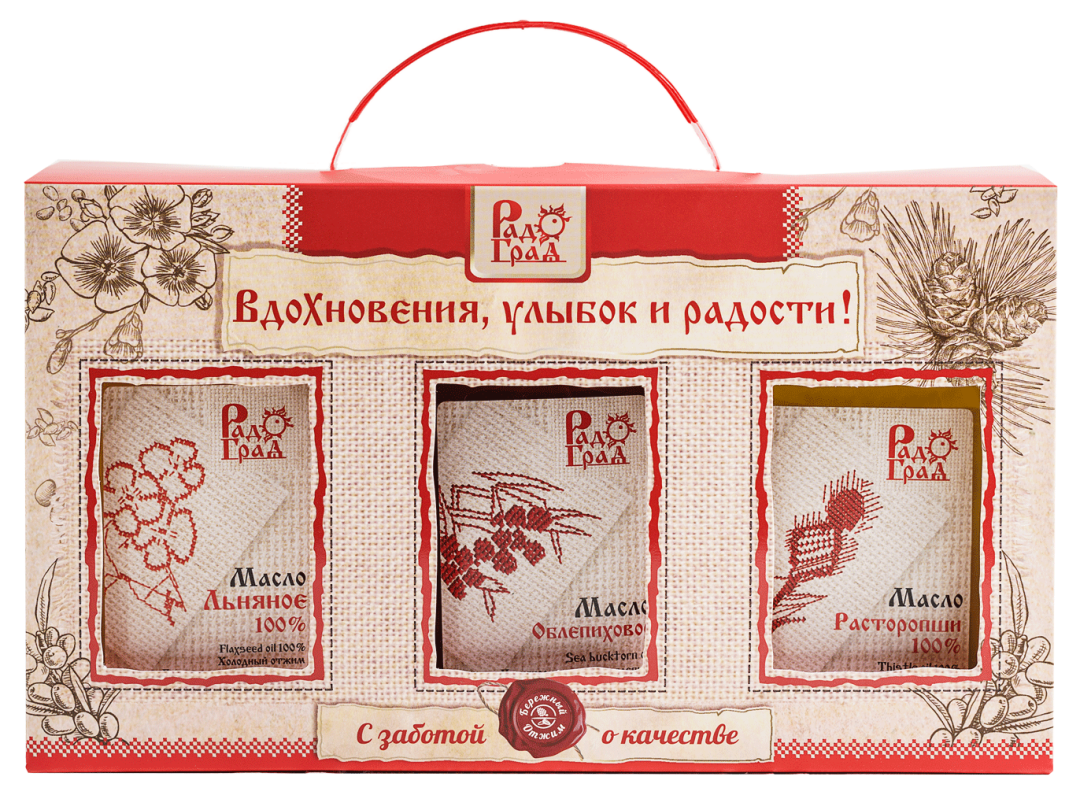 Купить онлайн Подарочный набор масел №4: расторопши, облепиховое, льняное в интернет-магазине Беришка с доставкой по Хабаровску и по России недорого.