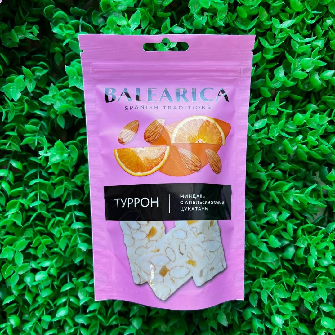 Купить онлайн Туррон Миндаль с апельсиновыми цукатами Baleariaca Дой-пак, 50 гр в интернет-магазине Беришка с доставкой по Хабаровску и по России недорого.
