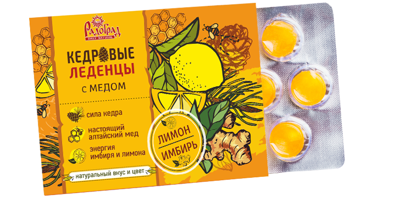 Купить онлайн Леденцы кедровые с медом Радоград Лимон и Имбирь, 6 шт в интернет-магазине Беришка с доставкой по Хабаровску и по России недорого.